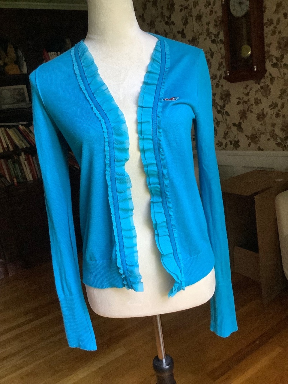 Hollister Open Front Long sleeve Ruffle Cotton Cardigan Blue Size L